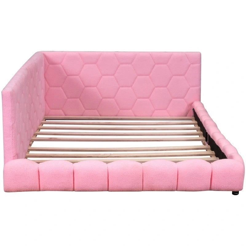 Lit plateforme pleine grandeur blanc/rose en tissu Teddy avec éclairage à bande LED et 2 ports USB, pour 2 personnes