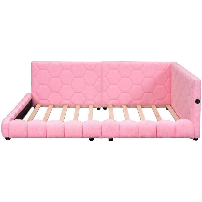 Lit plateforme pleine grandeur blanc/rose en tissu Teddy avec éclairage à bande LED et 2 ports USB, pour 2 personnes