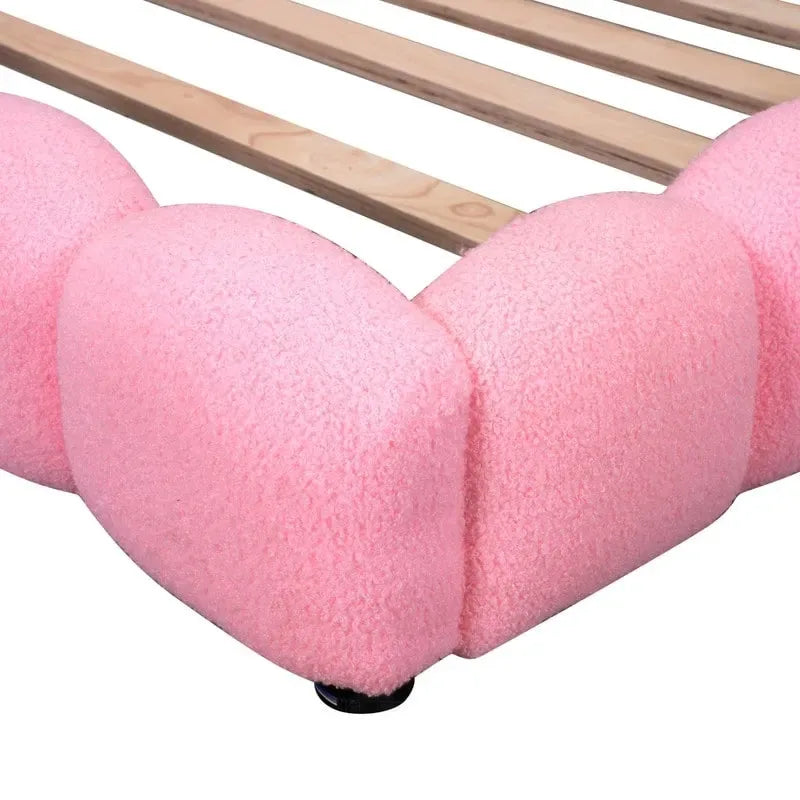 Lit plateforme pleine grandeur blanc/rose en tissu Teddy avec éclairage à bande LED et 2 ports USB, pour 2 personnes