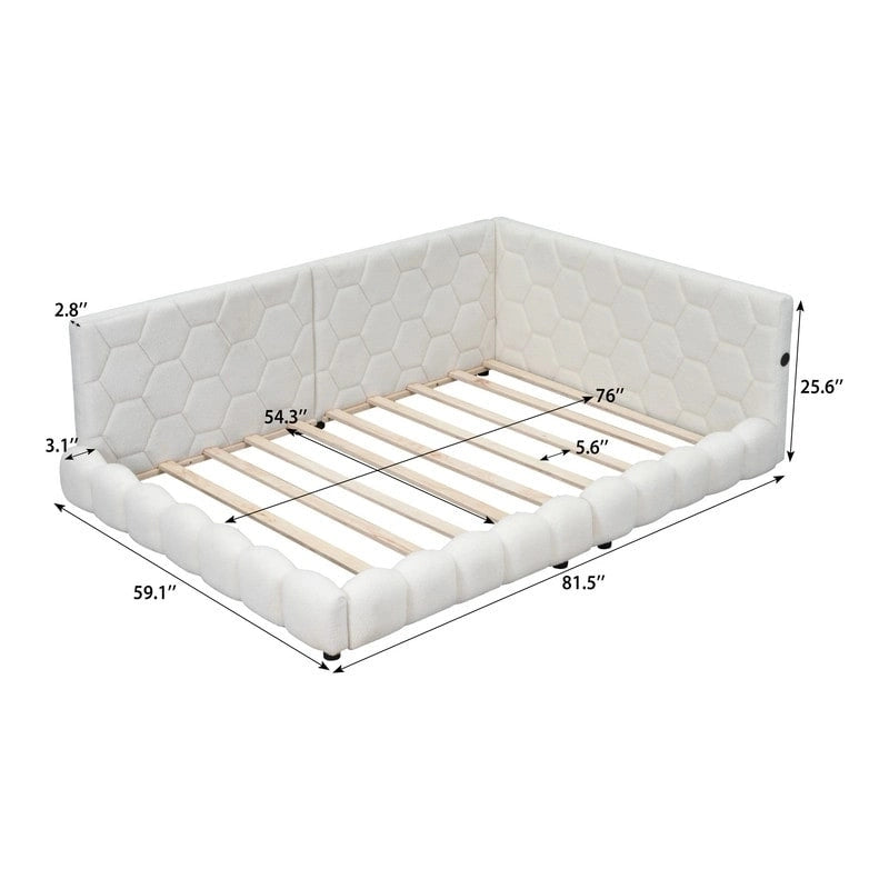 Lit plateforme pleine grandeur blanc/rose en tissu Teddy avec éclairage à bande LED et 2 ports USB, pour 2 personnes