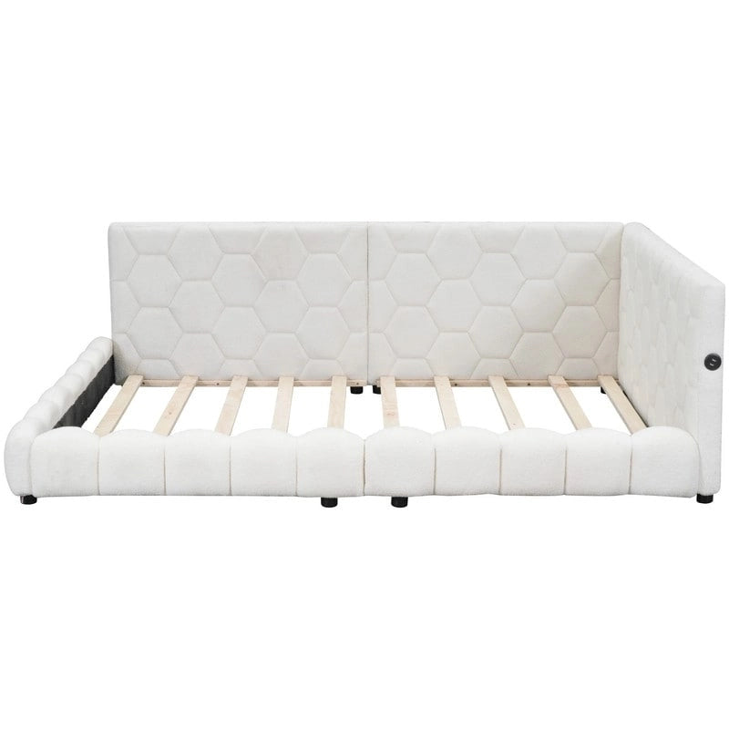 Lit plateforme pleine grandeur blanc/rose en tissu Teddy avec éclairage à bande LED et 2 ports USB, pour 2 personnes