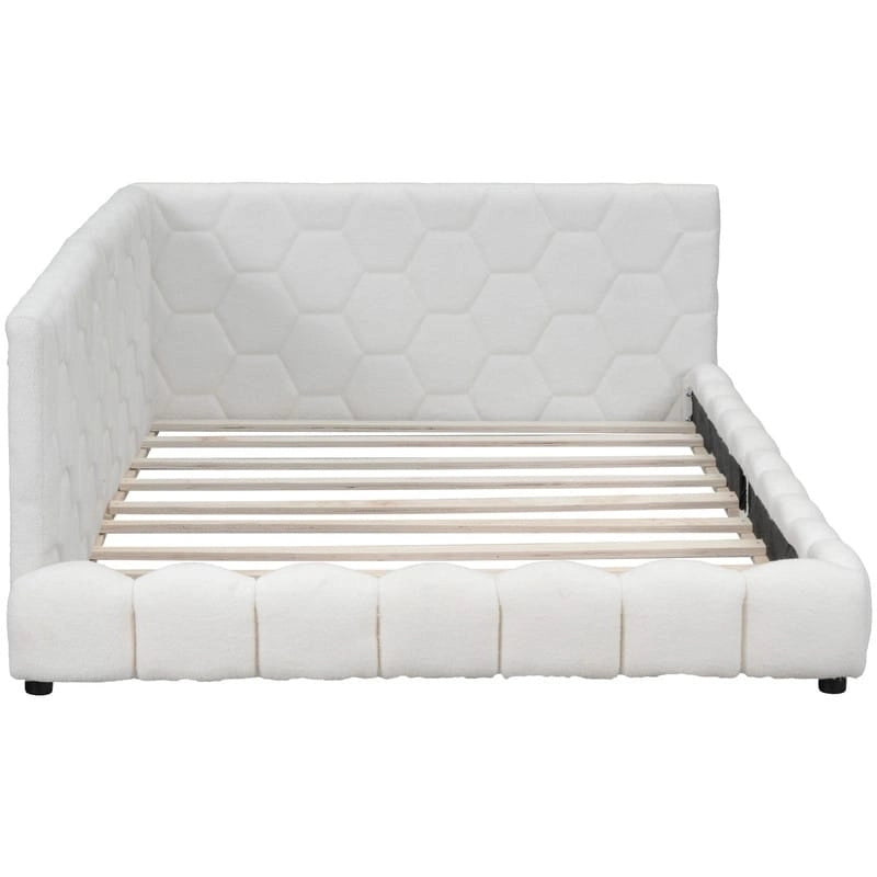 Lit plateforme pleine grandeur blanc/rose en tissu Teddy avec éclairage à bande LED et 2 ports USB, pour 2 personnes