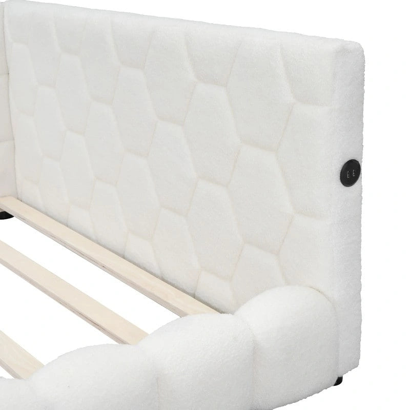 Lit plateforme pleine grandeur blanc/rose en tissu Teddy avec éclairage à bande LED et 2 ports USB, pour 2 personnes