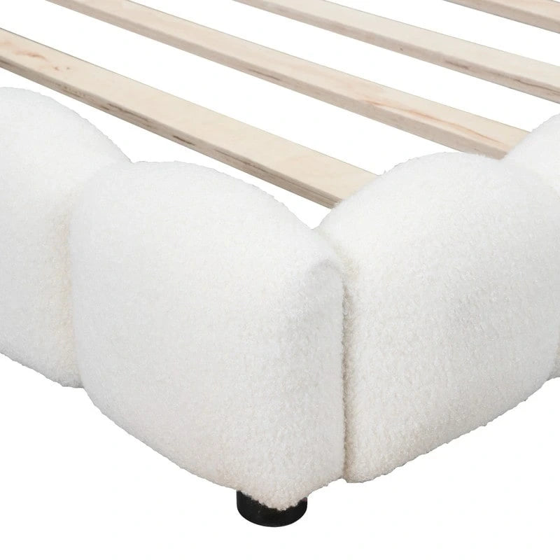 Lit plateforme pleine grandeur blanc/rose en tissu Teddy avec éclairage à bande LED et 2 ports USB, pour 2 personnes