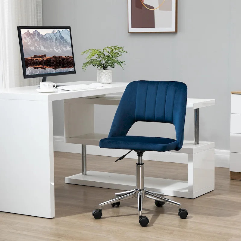 Chaise de bureau pivotante sans accoudoirs en velours rose/bleu/gris/blanc avec dossier mi-hauteur, hauteur réglable et ouverture dorsale respirante, pour 1 personne