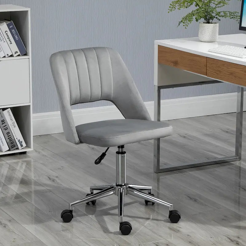 Chaise de bureau pivotante sans accoudoirs en velours rose/bleu/gris/blanc avec dossier mi-hauteur, hauteur réglable et ouverture dorsale respirante, pour 1 personne