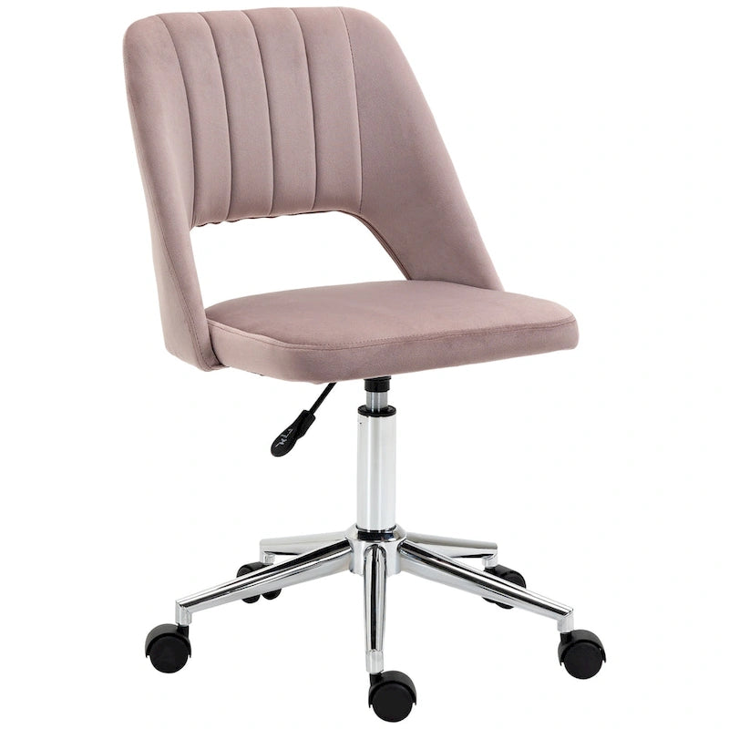 Chaise de bureau pivotante sans accoudoirs en velours rose/bleu/gris/blanc avec dossier mi-hauteur, hauteur réglable et ouverture dorsale respirante, pour 1 personne