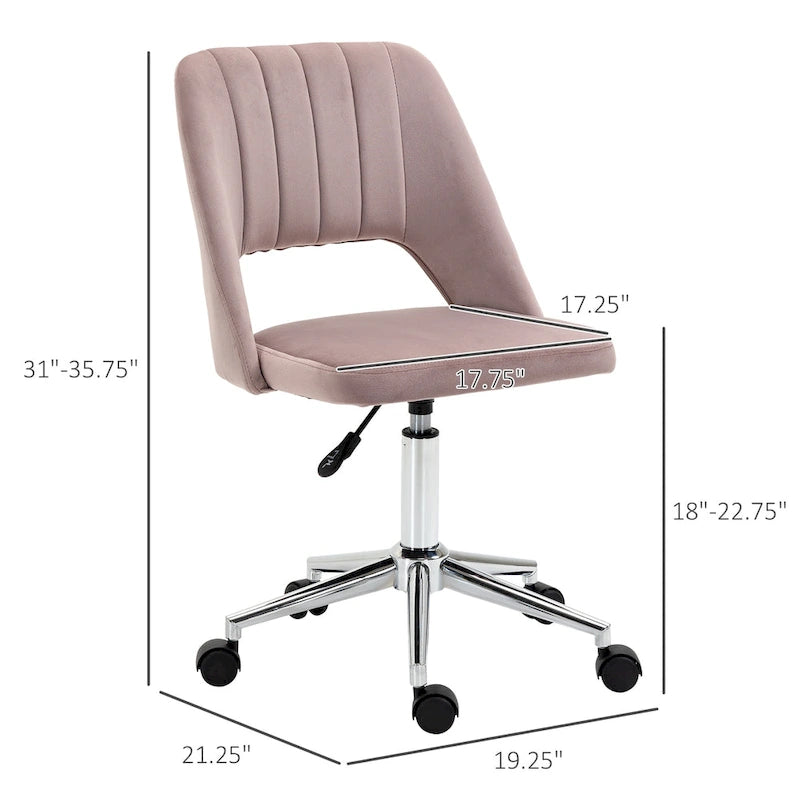 Chaise de bureau pivotante sans accoudoirs en velours rose/bleu/gris/blanc avec dossier mi-hauteur, hauteur réglable et ouverture dorsale respirante, pour 1 personne
