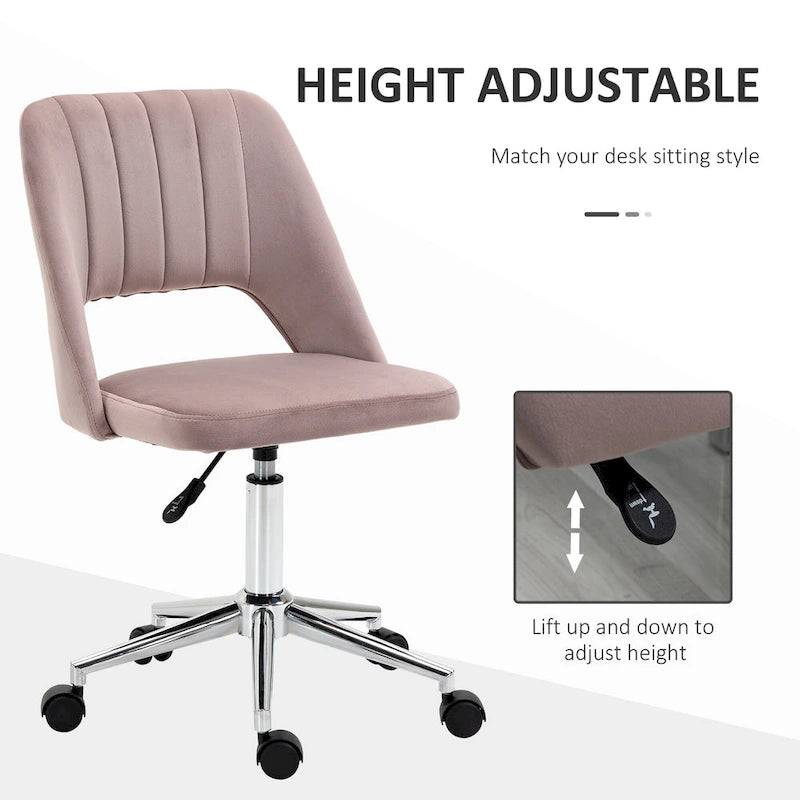 Chaise de bureau pivotante sans accoudoirs en velours rose/bleu/gris/blanc avec dossier mi-hauteur, hauteur réglable et ouverture dorsale respirante, pour 1 personne