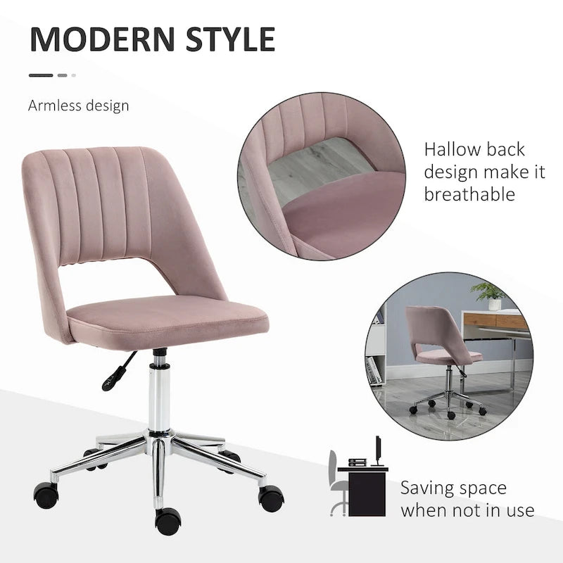 Chaise de bureau pivotante sans accoudoirs en velours rose/bleu/gris/blanc avec dossier mi-hauteur, hauteur réglable et ouverture dorsale respirante, pour 1 personne