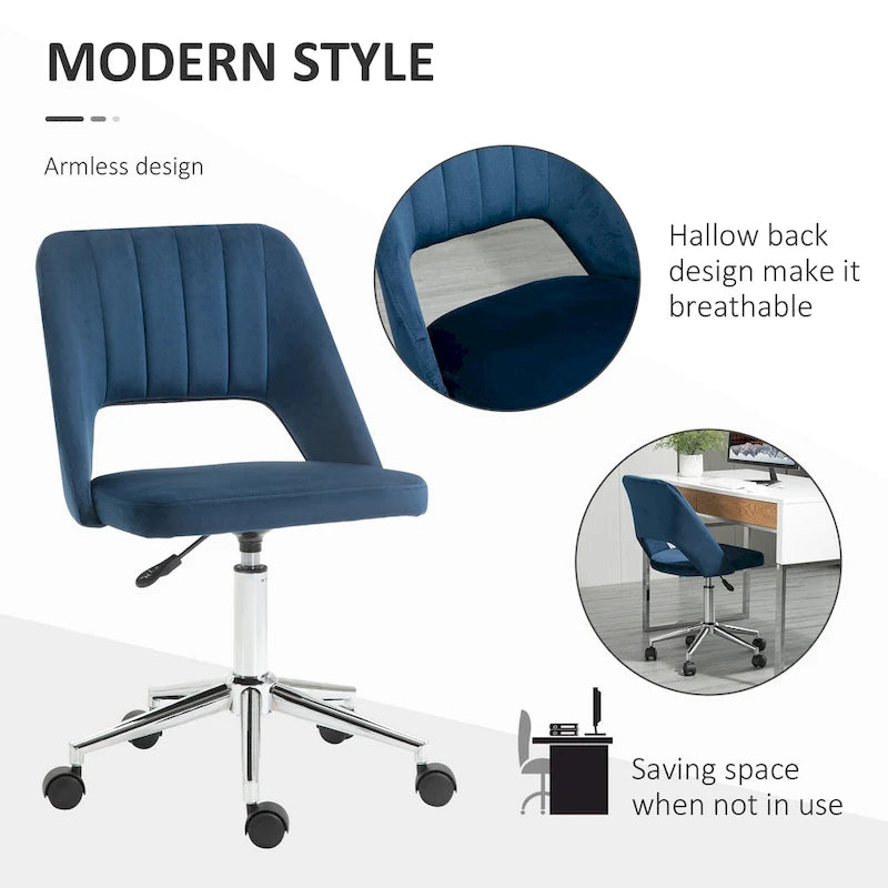 Chaise de bureau pivotante sans accoudoirs en velours rose/bleu/gris/blanc avec dossier mi-hauteur, hauteur réglable et ouverture dorsale respirante, pour 1 personne
