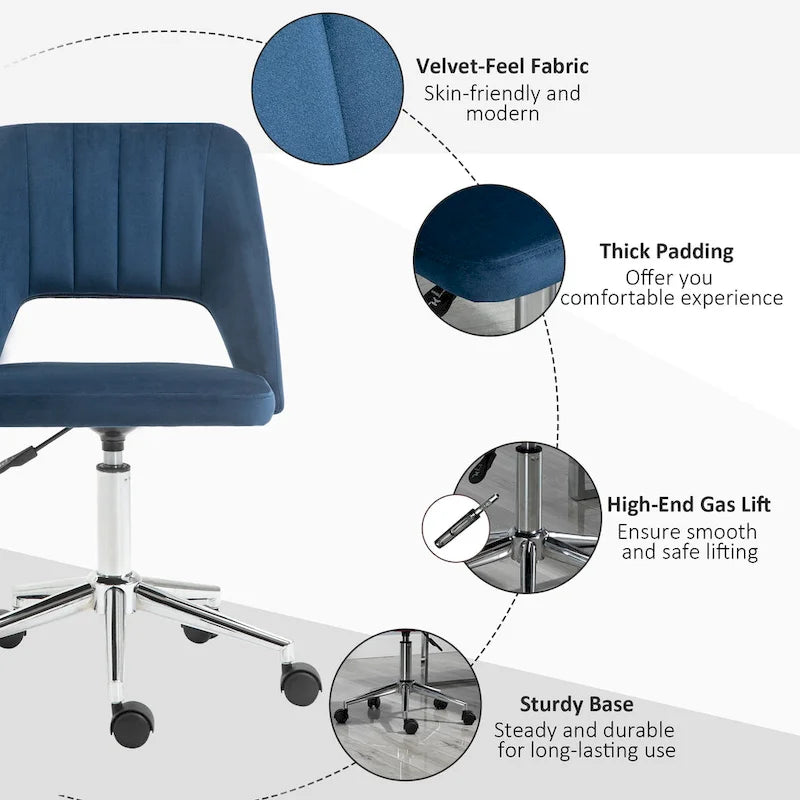 Chaise de bureau pivotante sans accoudoirs en velours rose/bleu/gris/blanc avec dossier mi-hauteur, hauteur réglable et ouverture dorsale respirante, pour 1 personne