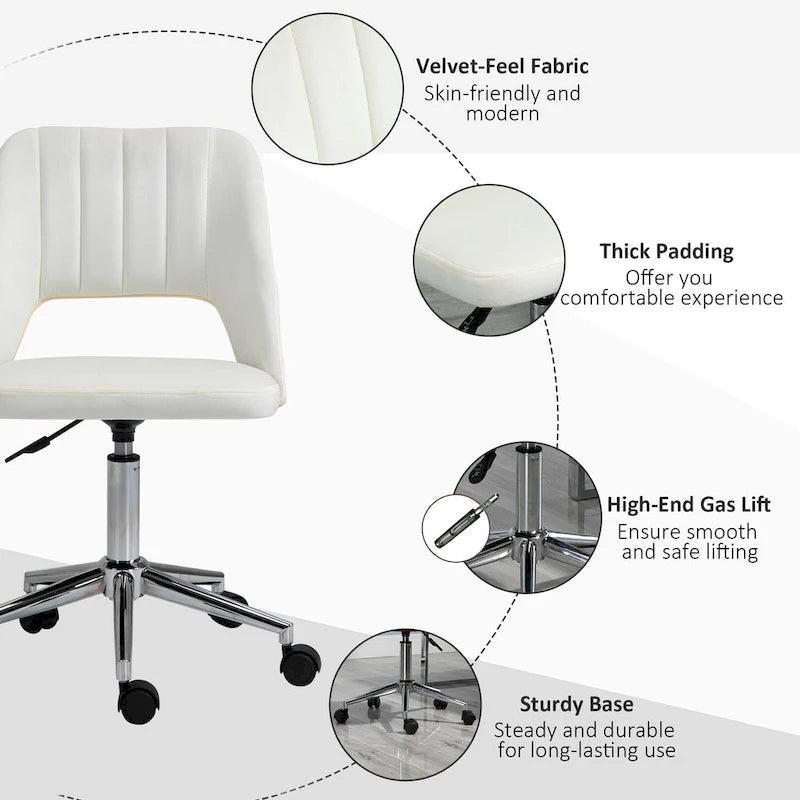 Chaise de bureau pivotante sans accoudoirs en velours rose/bleu/gris/blanc avec dossier mi-hauteur, hauteur réglable et ouverture dorsale respirante, pour 1 personne