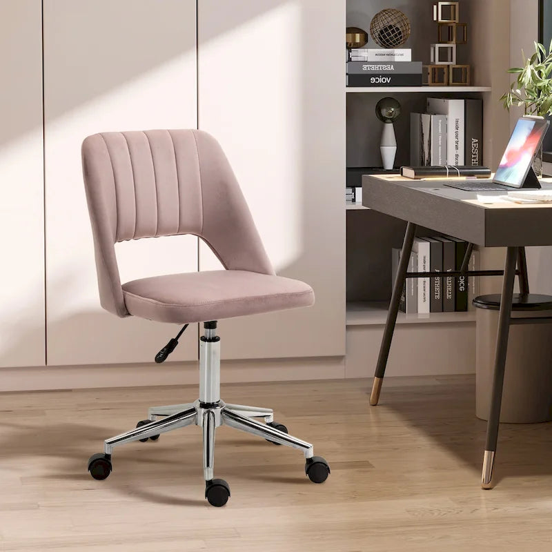 Chaise de bureau pivotante sans accoudoirs en velours rose/bleu/gris/blanc avec dossier mi-hauteur, hauteur réglable et ouverture dorsale respirante, pour 1 personne