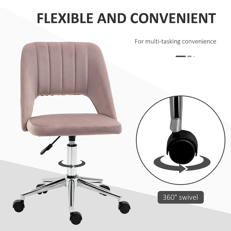 Chaise de bureau pivotante sans accoudoirs en velours rose/bleu/gris/blanc avec dossier mi-hauteur, hauteur réglable et ouverture dorsale respirante, pour 1 personne