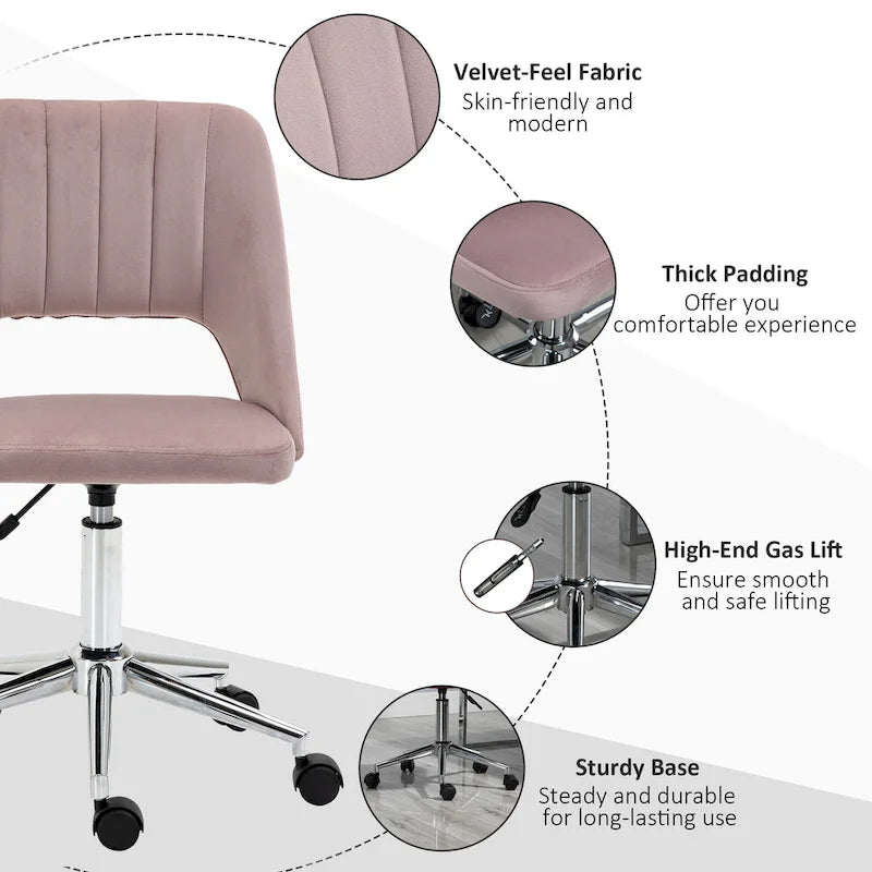 Chaise de bureau pivotante sans accoudoirs en velours rose/bleu/gris/blanc avec dossier mi-hauteur, hauteur réglable et ouverture dorsale respirante, pour 1 personne