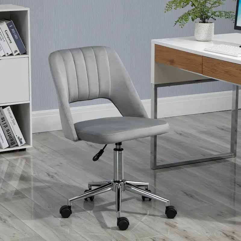 Chaise de bureau pivotante sans accoudoirs en velours rose/bleu/gris/blanc avec dossier mi-hauteur, hauteur réglable et ouverture dorsale respirante, pour 1 personne