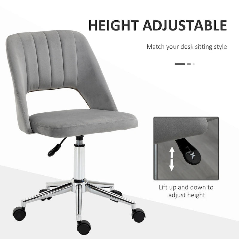 Chaise de bureau pivotante sans accoudoirs en velours rose/bleu/gris/blanc avec dossier mi-hauteur, hauteur réglable et ouverture dorsale respirante, pour 1 personne