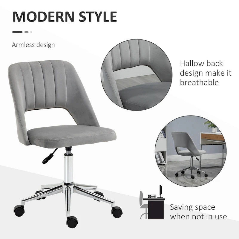 Chaise de bureau pivotante sans accoudoirs en velours rose/bleu/gris/blanc avec dossier mi-hauteur, hauteur réglable et ouverture dorsale respirante, pour 1 personne