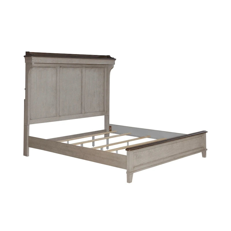 Lit à panneau de style rustique King Size en lin blanchi avec tête de lit tactile à LED et finition vieillie, pour 2 personnes