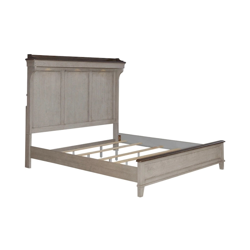 Lit à panneau de style rustique King Size en lin blanchi avec tête de lit tactile à LED et finition vieillie, pour 2 personnes