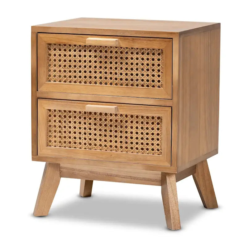 Table d'appoint moderne du milieu du siècle, brun naturel/brun noyer, avec 2 tiroirs en rotin et pieds inclinés