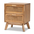 Table d'appoint moderne du milieu du siècle, brun naturel/brun noyer, avec 2 tiroirs en rotin et pieds inclinés