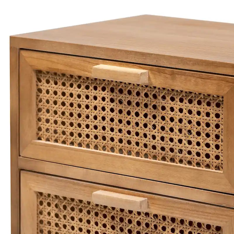 Table d'appoint moderne du milieu du siècle, brun naturel/brun noyer, avec 2 tiroirs en rotin et pieds inclinés