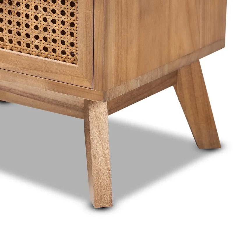 Table d'appoint moderne du milieu du siècle, brun naturel/brun noyer, avec 2 tiroirs en rotin et pieds inclinés