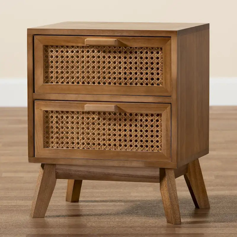 Table d'appoint moderne du milieu du siècle, brun naturel/brun noyer, avec 2 tiroirs en rotin et pieds inclinés