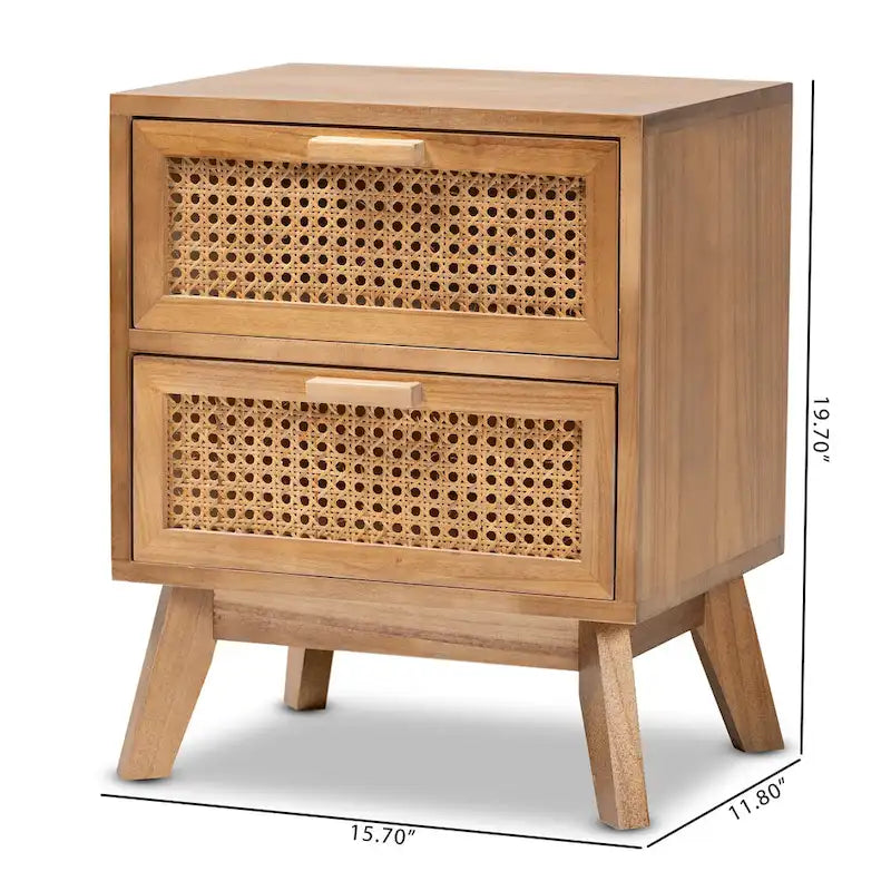 Table d'appoint moderne du milieu du siècle, brun naturel/brun noyer, avec 2 tiroirs en rotin et pieds inclinés