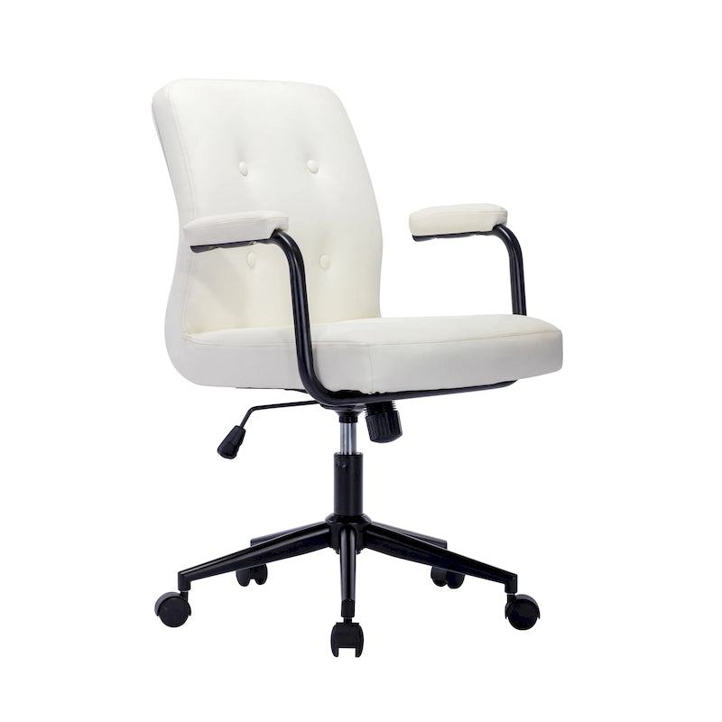 Chaise de bureau mi-hauteur en similicuir PU marron/blanc/noir avec dossier capitonné, hauteur réglable, inclinaison centrale et accoudoirs rembourrés, pour 1 personne