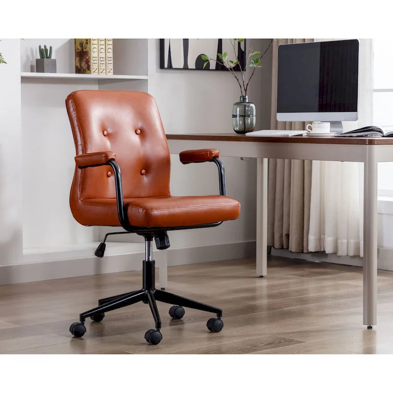 Chaise de bureau mi-hauteur en similicuir PU marron/blanc/noir avec dossier capitonné, hauteur réglable, inclinaison centrale et accoudoirs rembourrés, pour 1 personne