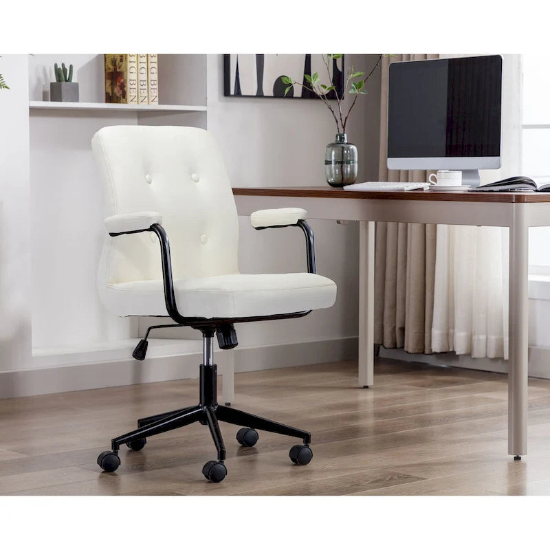 Chaise de bureau mi-hauteur en similicuir PU marron/blanc/noir avec dossier capitonné, hauteur réglable, inclinaison centrale et accoudoirs rembourrés, pour 1 personne