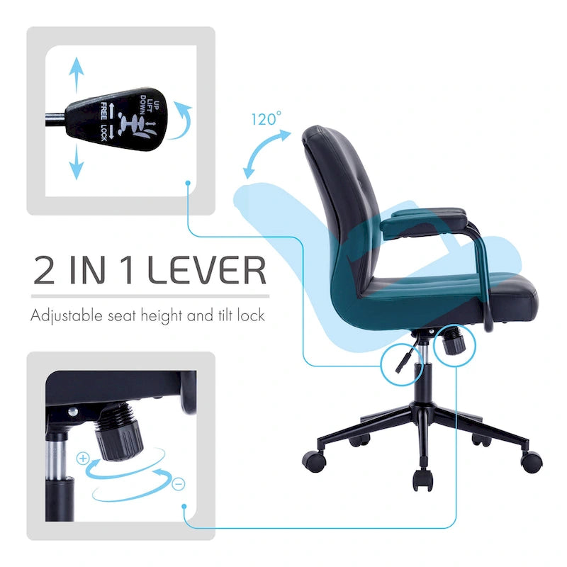 Chaise de bureau mi-hauteur en similicuir PU marron/blanc/noir avec dossier capitonné, hauteur réglable, inclinaison centrale et accoudoirs rembourrés, pour 1 personne