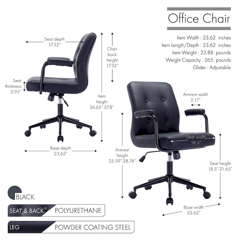 Chaise de bureau mi-hauteur en similicuir PU marron/blanc/noir avec dossier capitonné, hauteur réglable, inclinaison centrale et accoudoirs rembourrés, pour 1 personne