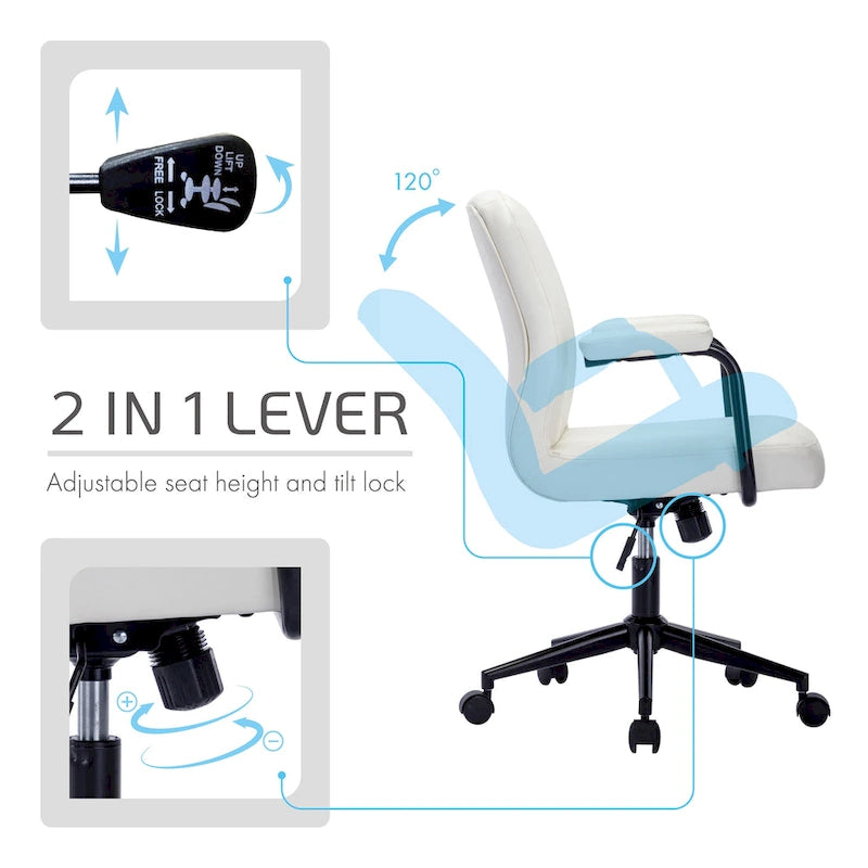 Chaise de bureau mi-hauteur en similicuir PU marron/blanc/noir avec dossier capitonné, hauteur réglable, inclinaison centrale et accoudoirs rembourrés, pour 1 personne