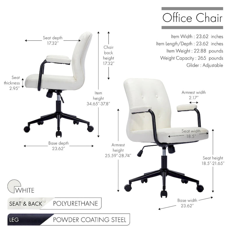 Chaise de bureau mi-hauteur en similicuir PU marron/blanc/noir avec dossier capitonné, hauteur réglable, inclinaison centrale et accoudoirs rembourrés, pour 1 personne
