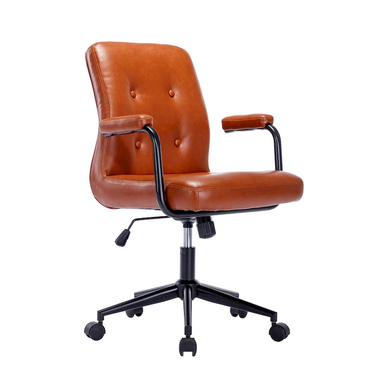 Chaise de bureau mi-hauteur en similicuir PU marron/blanc/noir avec dossier capitonné, hauteur réglable, inclinaison centrale et accoudoirs rembourrés, pour 1 personne