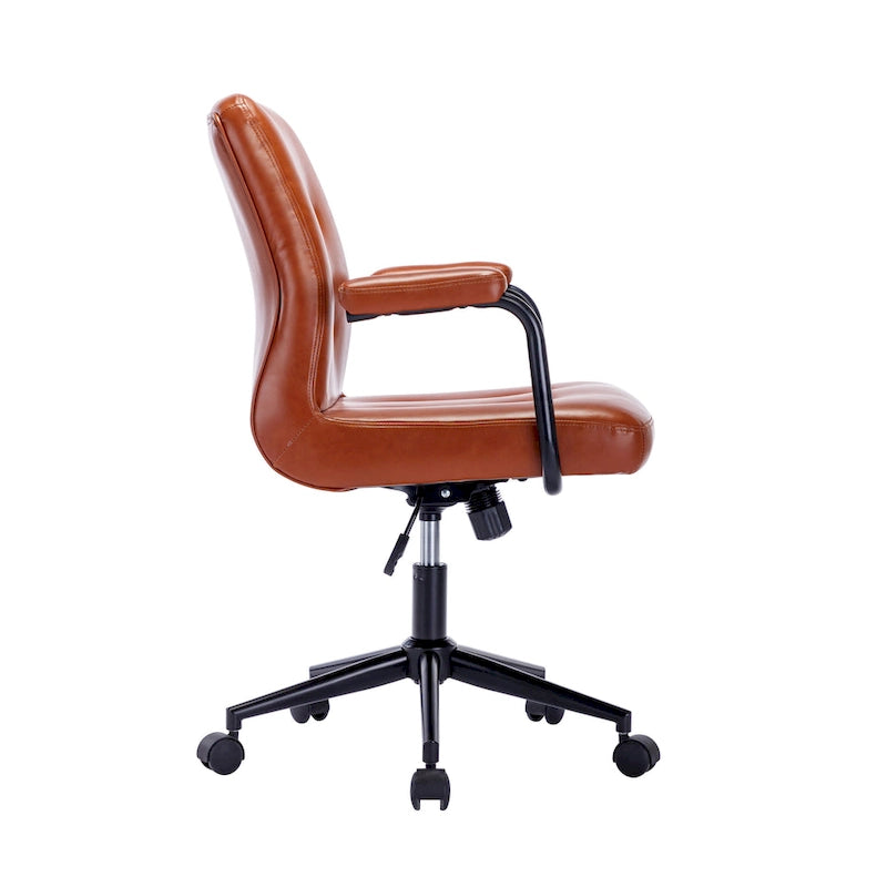 Chaise de bureau mi-hauteur en similicuir PU marron/blanc/noir avec dossier capitonné, hauteur réglable, inclinaison centrale et accoudoirs rembourrés, pour 1 personne