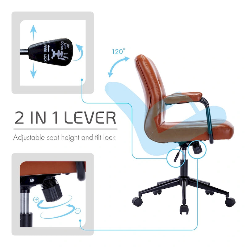 Chaise de bureau mi-hauteur en similicuir PU marron/blanc/noir avec dossier capitonné, hauteur réglable, inclinaison centrale et accoudoirs rembourrés, pour 1 personne