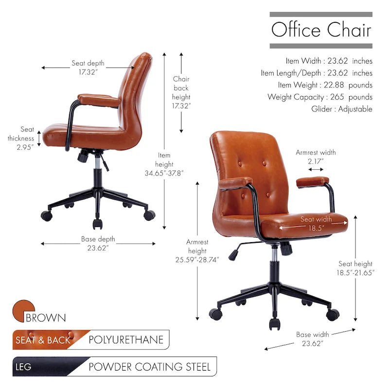 Chaise de bureau mi-hauteur en similicuir PU marron/blanc/noir avec dossier capitonné, hauteur réglable, inclinaison centrale et accoudoirs rembourrés, pour 1 personne