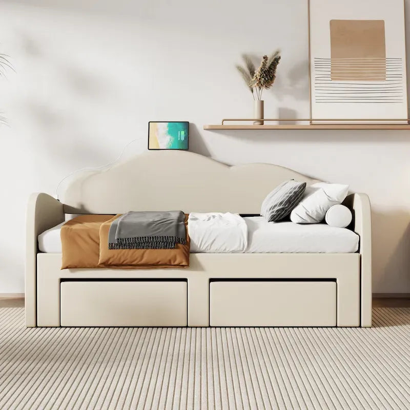 Lit de repos double en velours gris/beige/rose avec dossier en forme de nuage, lit gigogne escamotable, 2 tiroirs et ports USB, pour 1-2 personnes