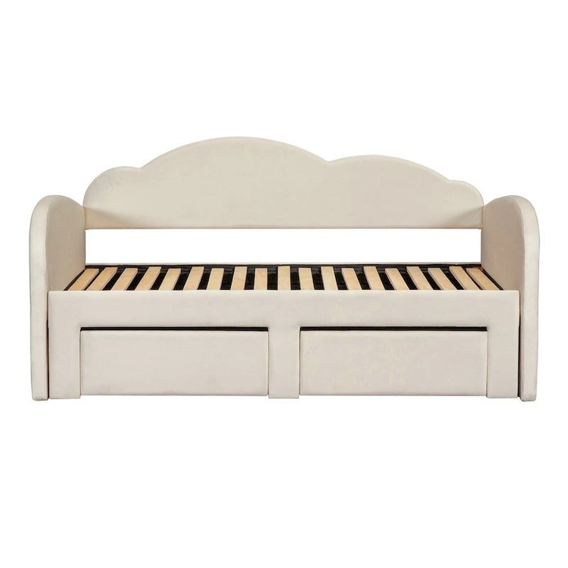 Lit de repos double en velours gris/beige/rose avec dossier en forme de nuage, lit gigogne escamotable, 2 tiroirs et ports USB, pour 1-2 personnes