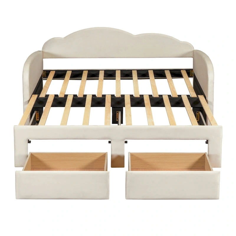 Lit de repos double en velours gris/beige/rose avec dossier en forme de nuage, lit gigogne escamotable, 2 tiroirs et ports USB, pour 1-2 personnes