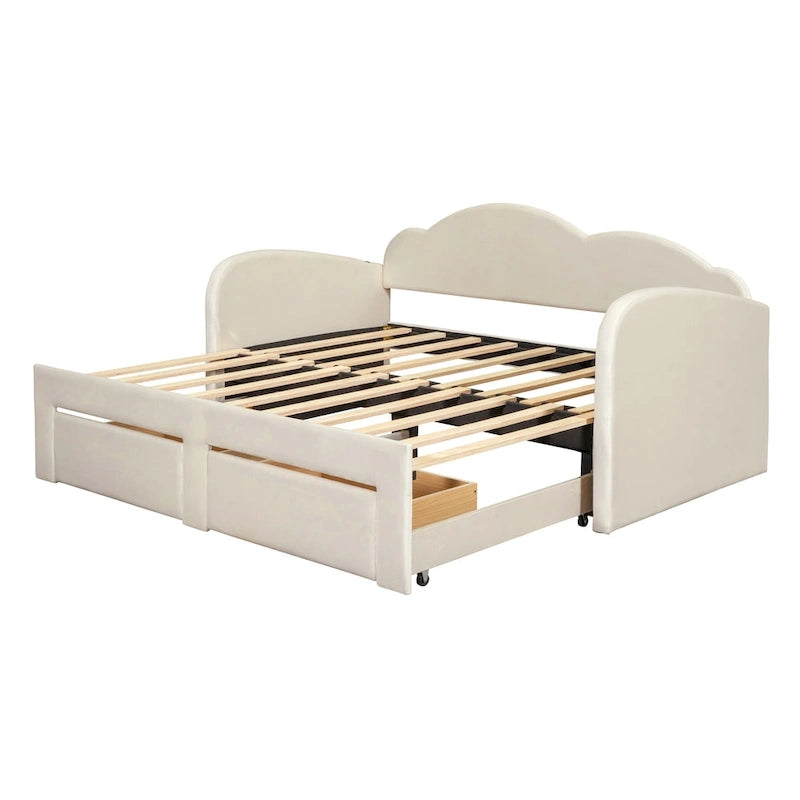 Lit de repos double en velours gris/beige/rose avec dossier en forme de nuage, lit gigogne escamotable, 2 tiroirs et ports USB, pour 1-2 personnes