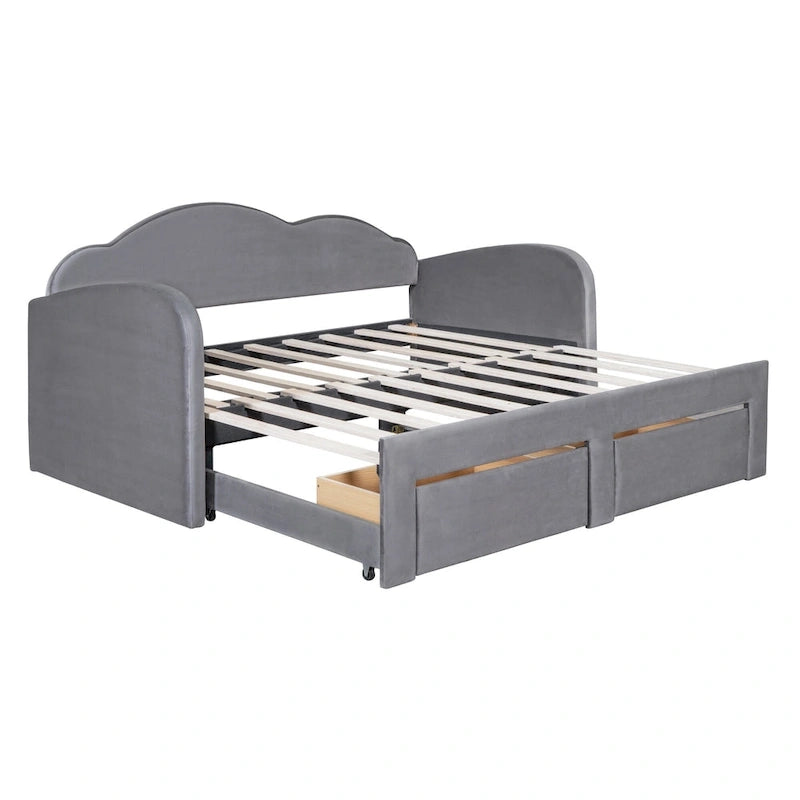 Lit de repos double en velours gris/beige/rose avec dossier en forme de nuage, lit gigogne escamotable, 2 tiroirs et ports USB, pour 1-2 personnes