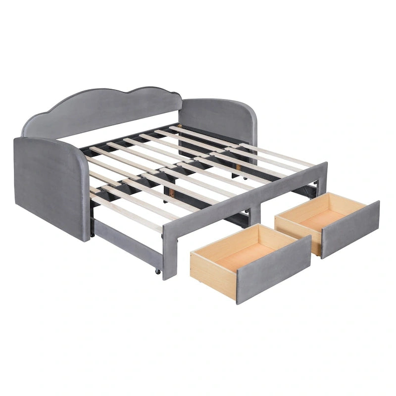 Lit de repos double en velours gris/beige/rose avec dossier en forme de nuage, lit gigogne escamotable, 2 tiroirs et ports USB, pour 1-2 personnes