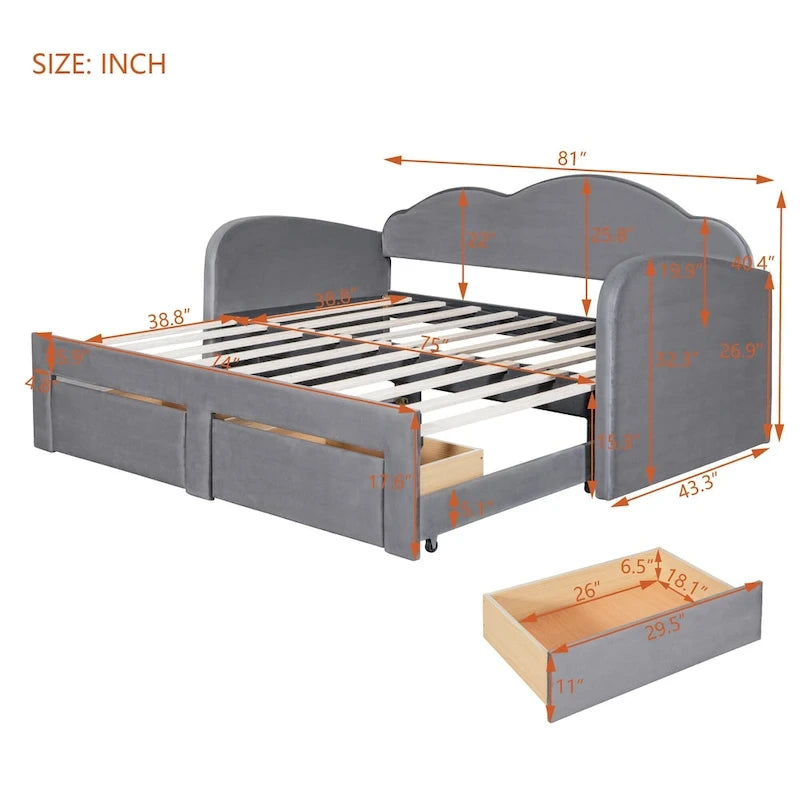 Lit de repos double en velours gris/beige/rose avec dossier en forme de nuage, lit gigogne escamotable, 2 tiroirs et ports USB, pour 1-2 personnes
