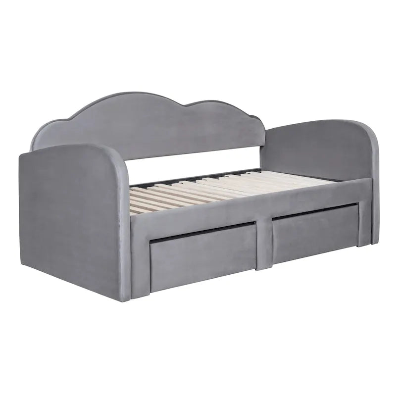 Lit de repos double en velours gris/beige/rose avec dossier en forme de nuage, lit gigogne escamotable, 2 tiroirs et ports USB, pour 1-2 personnes